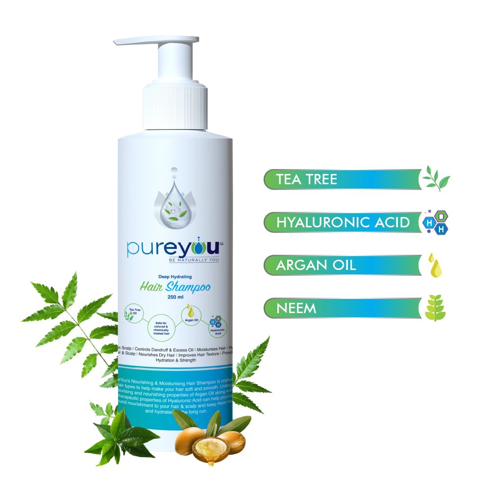 PureYou Hair Shampoo with Tea Tree Oil, Hyaluronic Acid & Argan Oil, Sulfate-Free, Anti-Dandruff & Nourishing for All Hair Types | Gentle Daily Hair Cleanser 250ml