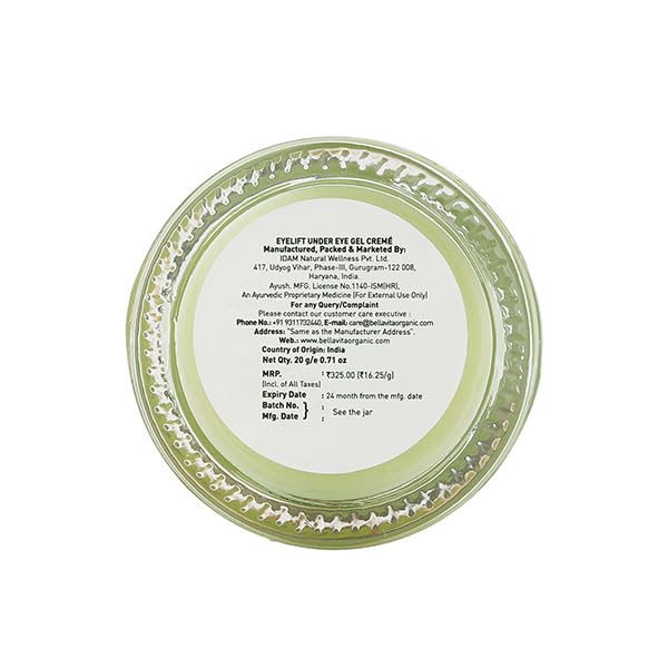 Bella Vita Organic EyeLift Hydrating Natural Under Eye Cream Gel for Dark Circles, Puffy Eyes, Wrinkles & Removal of Fine Lines for Women & Men, 20 gm (Pack of 2)