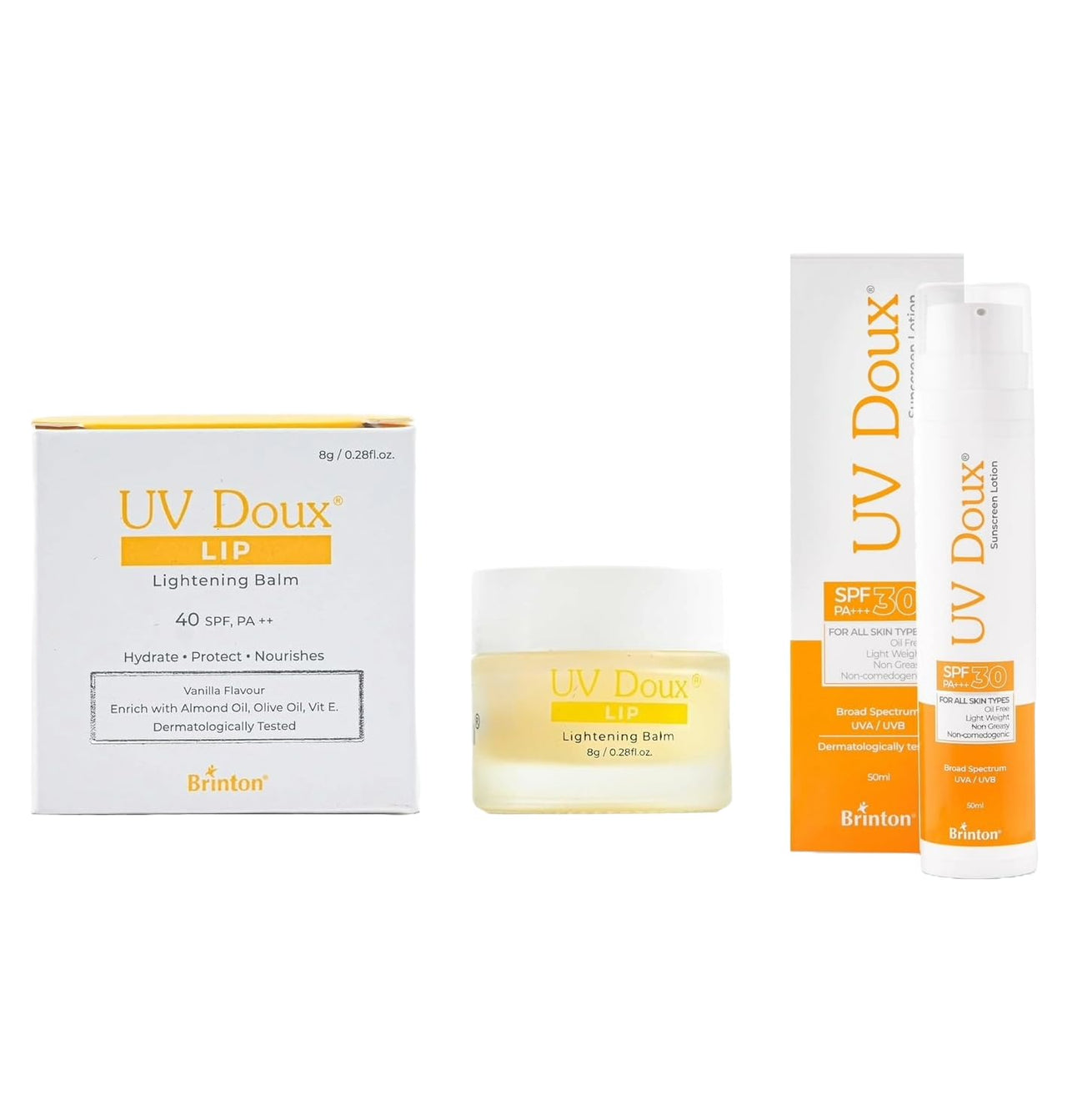 Brinton LIP Balm 8gm and Brinton UvDoux Sunscreen Lotion with SPF 30 in Oil Free Formula| Light Weight & Non Greasy Sunscreen|Protection against UVA/UVB Rays| For All Skin Types- 50 ML