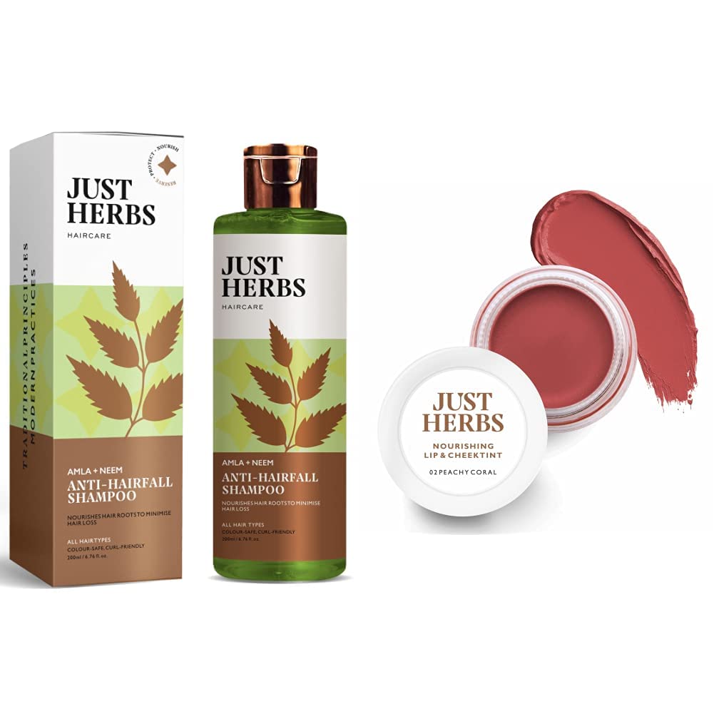 Just Herbs 8 In 1 Root Nourishing Amla Neem Hair Fall Control Shampoo 200 Ml & Just Herbs Ayurvedic, Natural Lip & Cheek Tint, Blush For Women- 02 Peachy Coral (Creamy Matte)