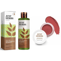Just Herbs 8 In 1 Root Nourishing Amla Neem Hair Fall Control Shampoo 200 Ml & Just Herbs Ayurvedic, Natural Lip & Cheek Tint, Blush For Women- 02 Peachy Coral (Creamy Matte)
