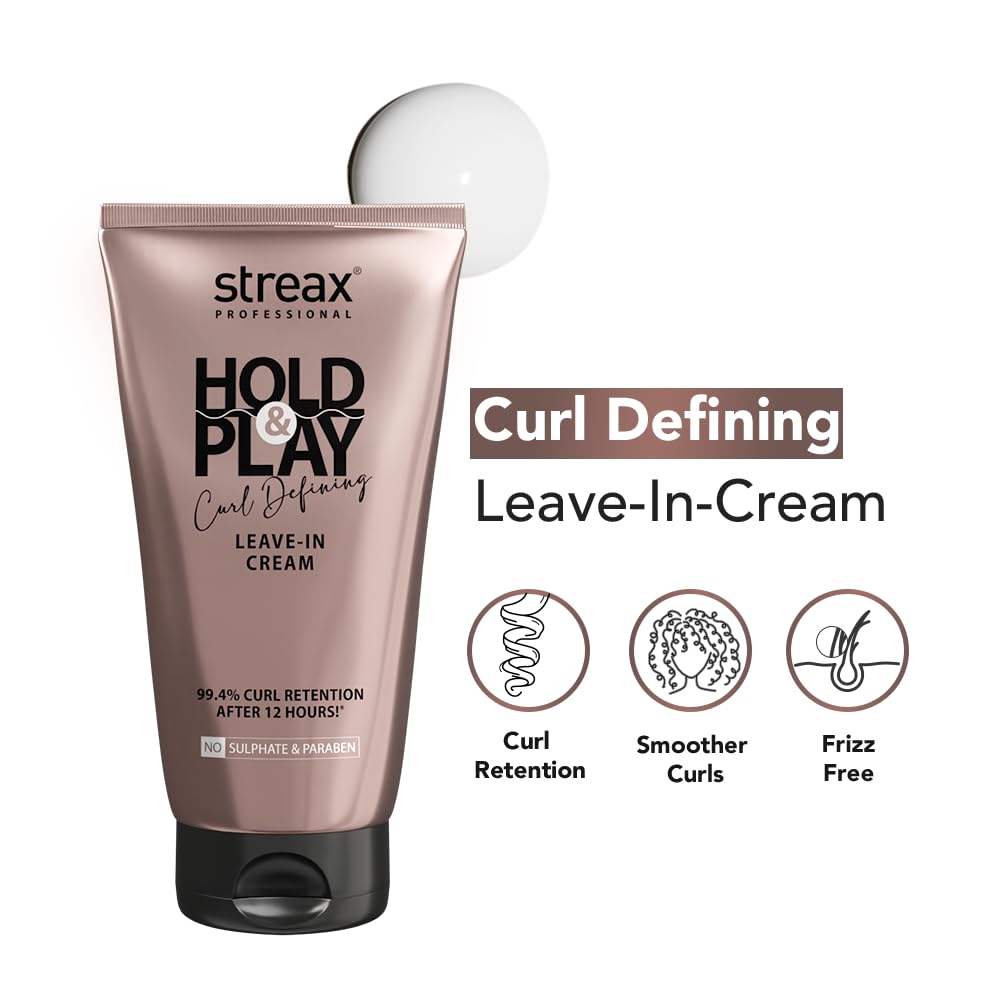 Streax Professional Curl Defining Cream, 150 gm-Leave In Curl Cream for culry hair-Moisturizes, Enhances Natural Curl Definition & Provides Medium Hold to Dry Frizzy, Wavy & Curly Hair