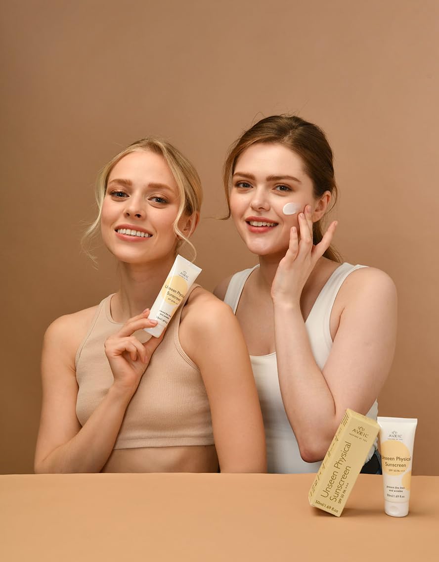 AVEIL All Skin Unseen Physical Sunscreen SPF 50 PA +++|50ml|UVA, UVB & Blue Light Protection|No White Cast|Water & Sweat Resistant|Hydrating Sunscreen|Prevents Fine Lines & Wrinkles|Pack of 1