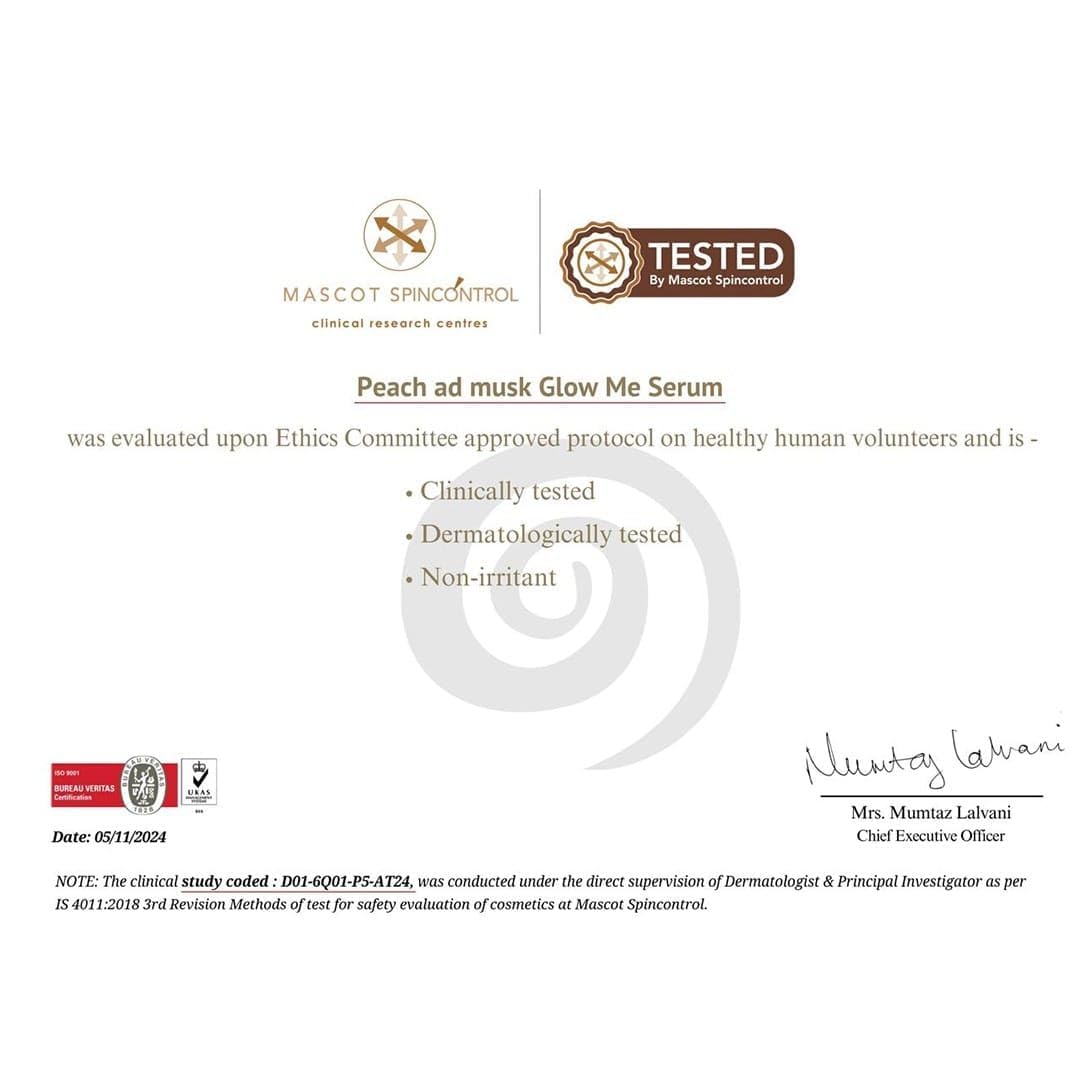 Peach and Musk Glow Me Face Serum with 10% Niacinamide & Alpha Arbutin, 2X Glow Booster, Repairs Skin Barrier, Reduces Pigmentation, Dark Spots, Blemishes & Pore Care for All Skin Types - 30ml