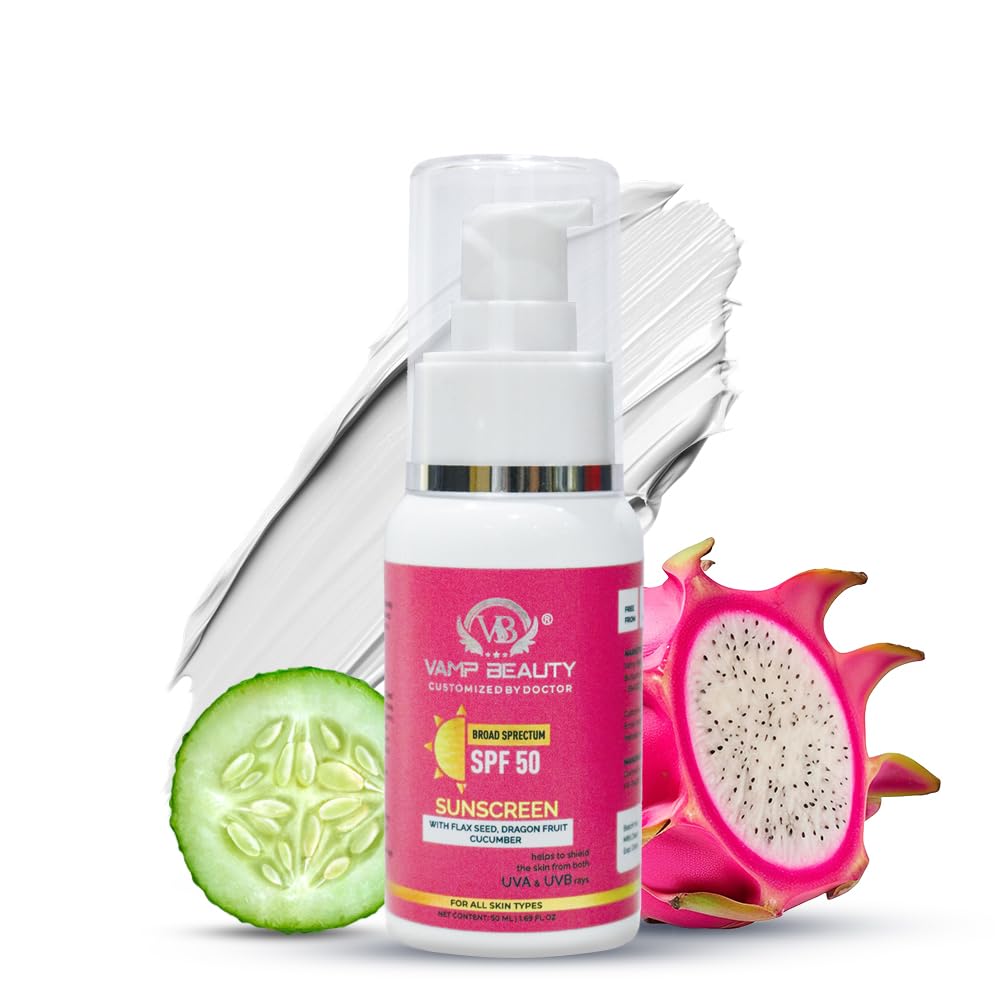 Vamp Beauty Broad Spectrum Sunscreen SPF 50 | With Flax Seeds, Dragon Fruit & Cucumber | No White Cast, Lightweight & Non-Greasy | Daily UV Protection for Men & Women | 50ml