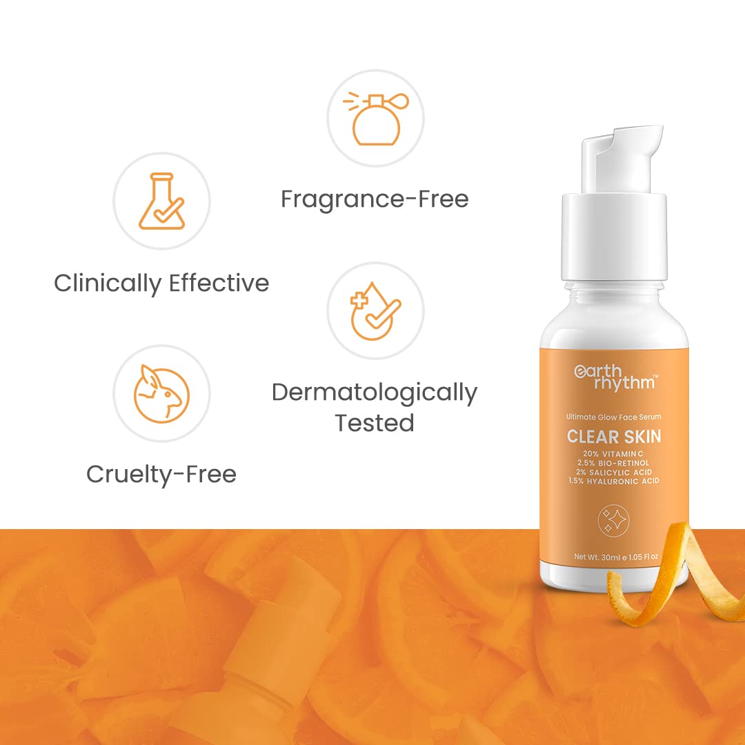 Earth Rhythm 20% Vitamin C Serum for Glowing & Clear skin with Hyaluronic & Salicylic Acid| Hydrates Moisturizes & Brightens | Suitable for Oily Sensitive & Acne Prone Skin| Men & Women - 30ml