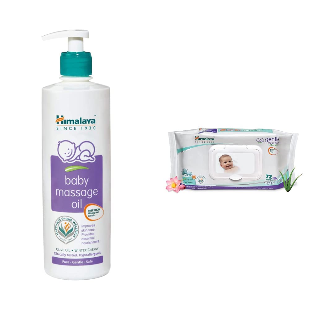 Himalaya Baby Massage Oil (500ml) & Himalaya Gentle Baby Wipes, 72 Wipes