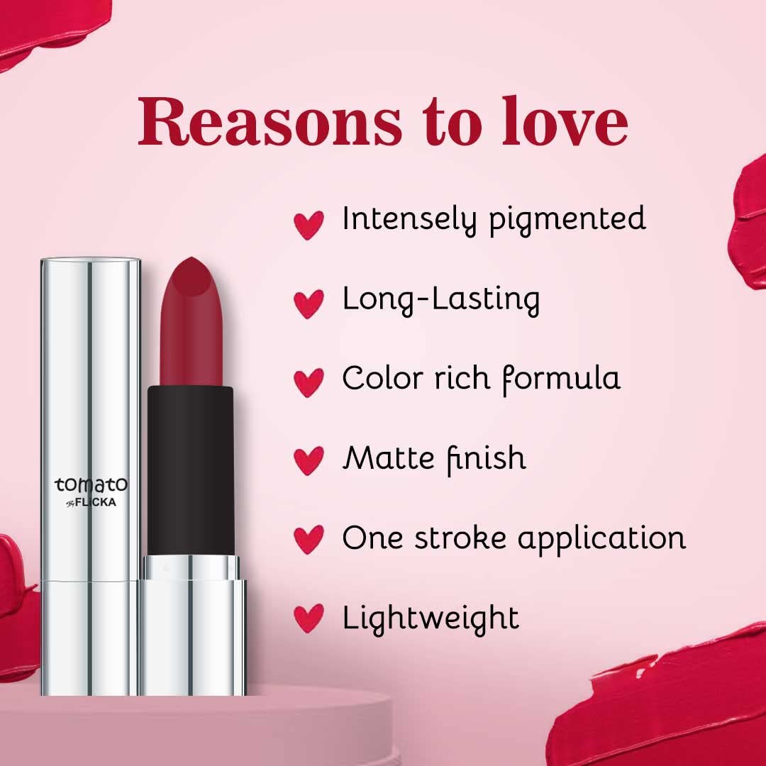 FLiCKA Tomato Bullet Matte Lipstick| Non-transfer Lipstick, Waterproof, Hydrating, Moisturizing, Upto 6Hrs, Shade 10, 4g