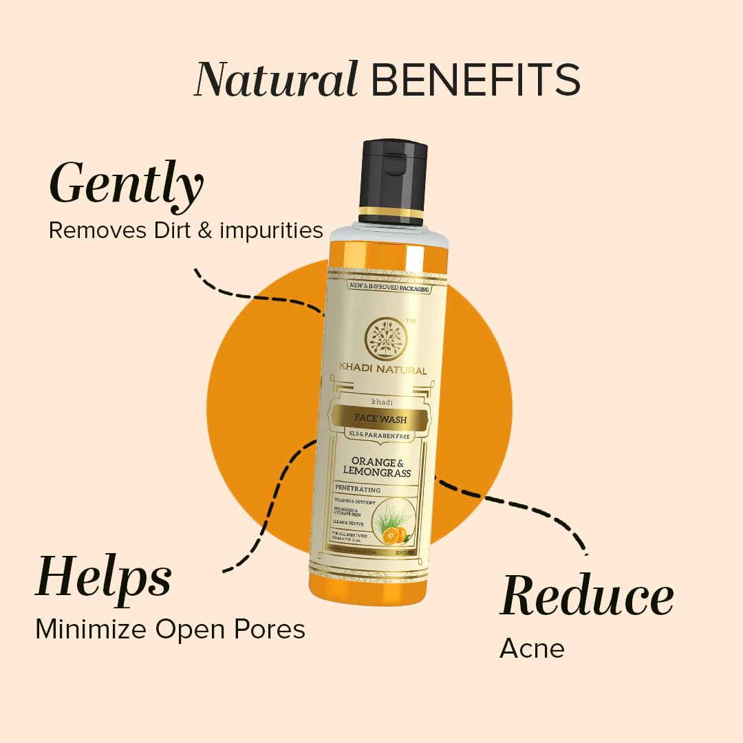 Khadi Natural Orange & Lemongrass Herbal Face Wash | Face Wash for Dry Skin | Natural Face Wash | Organic Face Wash for Healthy Skin | Paraben & SLS Free| Pack of 2| (210 * 2) (420 ml)
