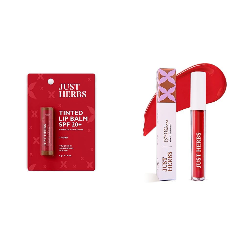 Just Herbs Tinted Lip Balm for Men and Women with SPF 20+ for Dark Lips to Lighten 4 g (Cherry) & Just Herbs Liquid Sindoor Long Lasting Quick Dry 5g (Ruby Red) Combo