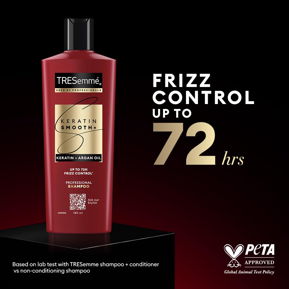 TRESemme Keratin Smooth+ Shampoo 180ml With Keratin Protein and Argan Oil | Salon-Like Smooth Hair | Up To 72H Frizz Control