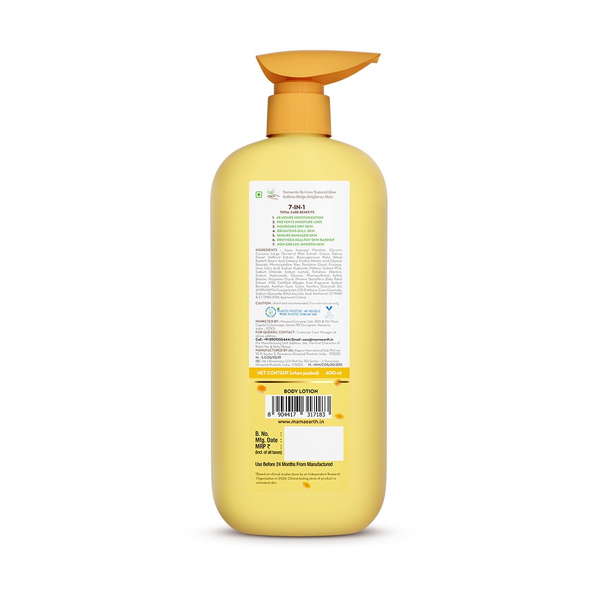 Mamaearth Ubtan Moisturizing Body Lotion with Turmeric & Saffron for Glowing Skin | 48H Moisturization | Nourishes Dry Skin | 7 in1 Total Care | 100% Natural Butter | Non-Greasy Smooth Skin | 400 ml
