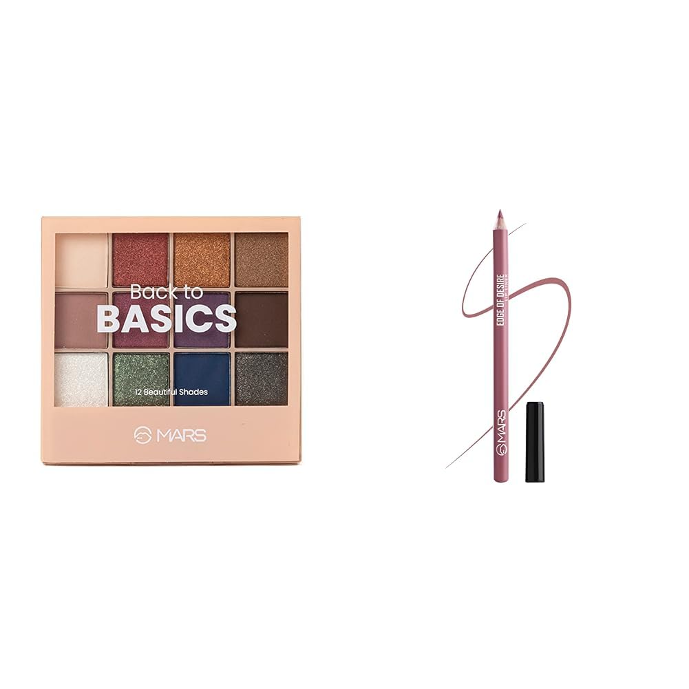 MARS 12 Shades Back to Basics Eyeshadow Palette with Free Applicator (14.4 gm) (Shade-01) Matte Lip Liner | One Swipe Smooth Application | Long Lasting Lip Pencil (1.4gm) (17-BARBIE BOLD)
