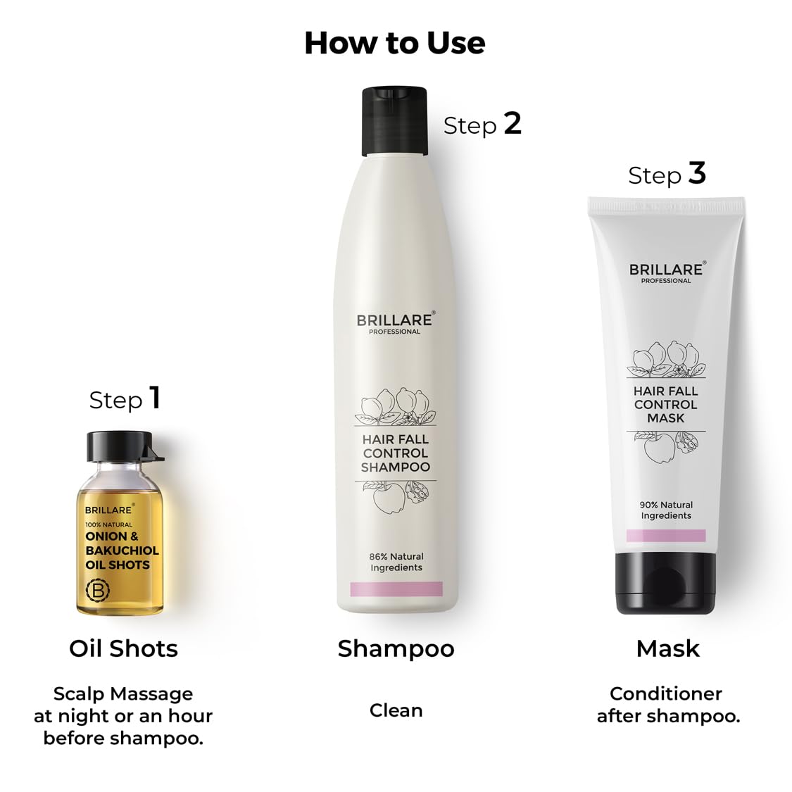 Brillare Anti Hair Fall Treatment Combo, Strengthens roots, Prevents Breakage & Reduces Hair Fall, Shampoo 300ml, Conditioner 125ml and Oil shots (8 shots x 6ml each)