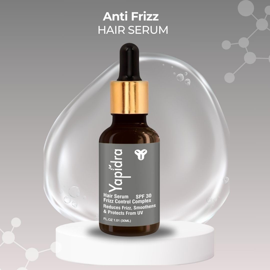 Yapidra Anti-Frizz Hair Serum with SPF 30 | Smoothens, Controls Frizz & Protects from UV | Lightweight Frizz Control Complex for Silky, Shiny Hair | Suitable for All Hair Types (30ml)