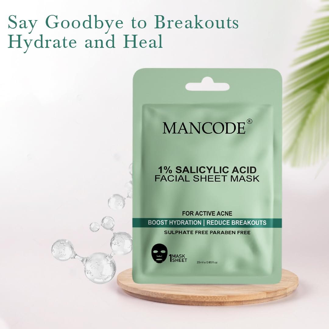 Mancode 1% Salicylic Acid Facial Sheet Mask 25ml Boost Hydration Reduce Breakouts & Active Acne Pore Reducing, Brightening & Enhances Glow Korean Sheet Mask for Men Women | Unisex Sheet Mask Set 25ml