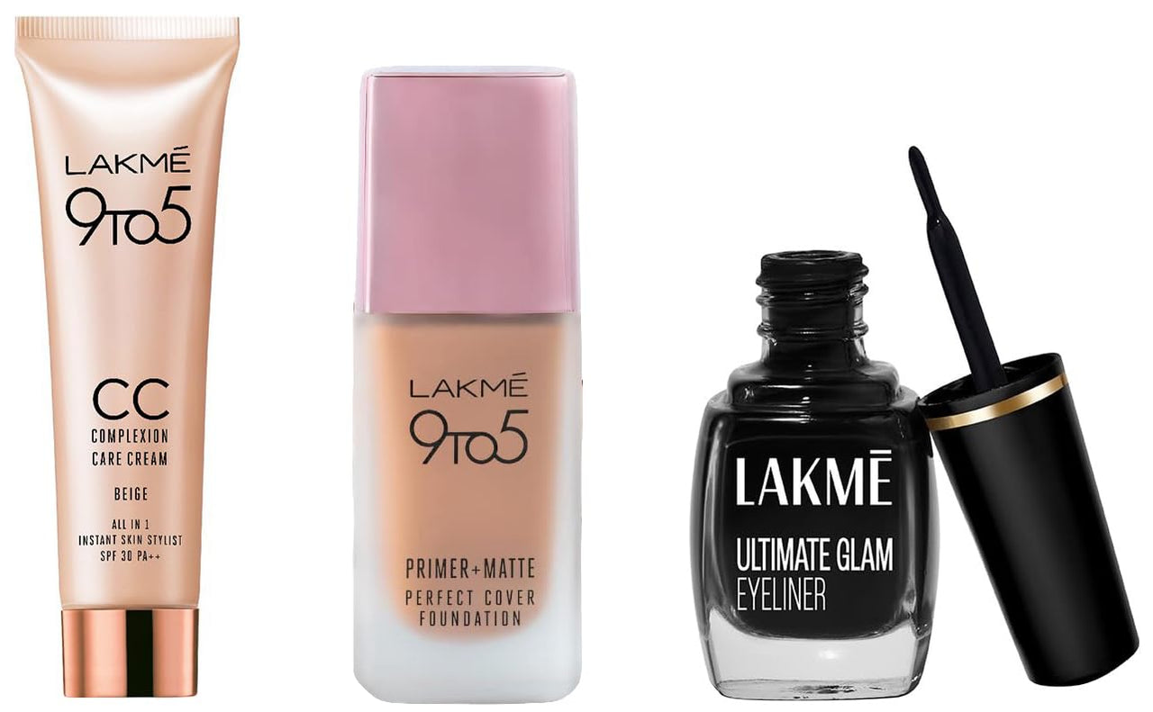 Lakmé 9 To 5 Primer + Matte Perfect Cover Liquid Full Coverage Foundation & 9 To 5 Cc Cream For All Skin Types Mini,01-Beige,9 G & Insta Eye Liner 9Ml,Black Semi Matte Eyeliner,Pack Of 1