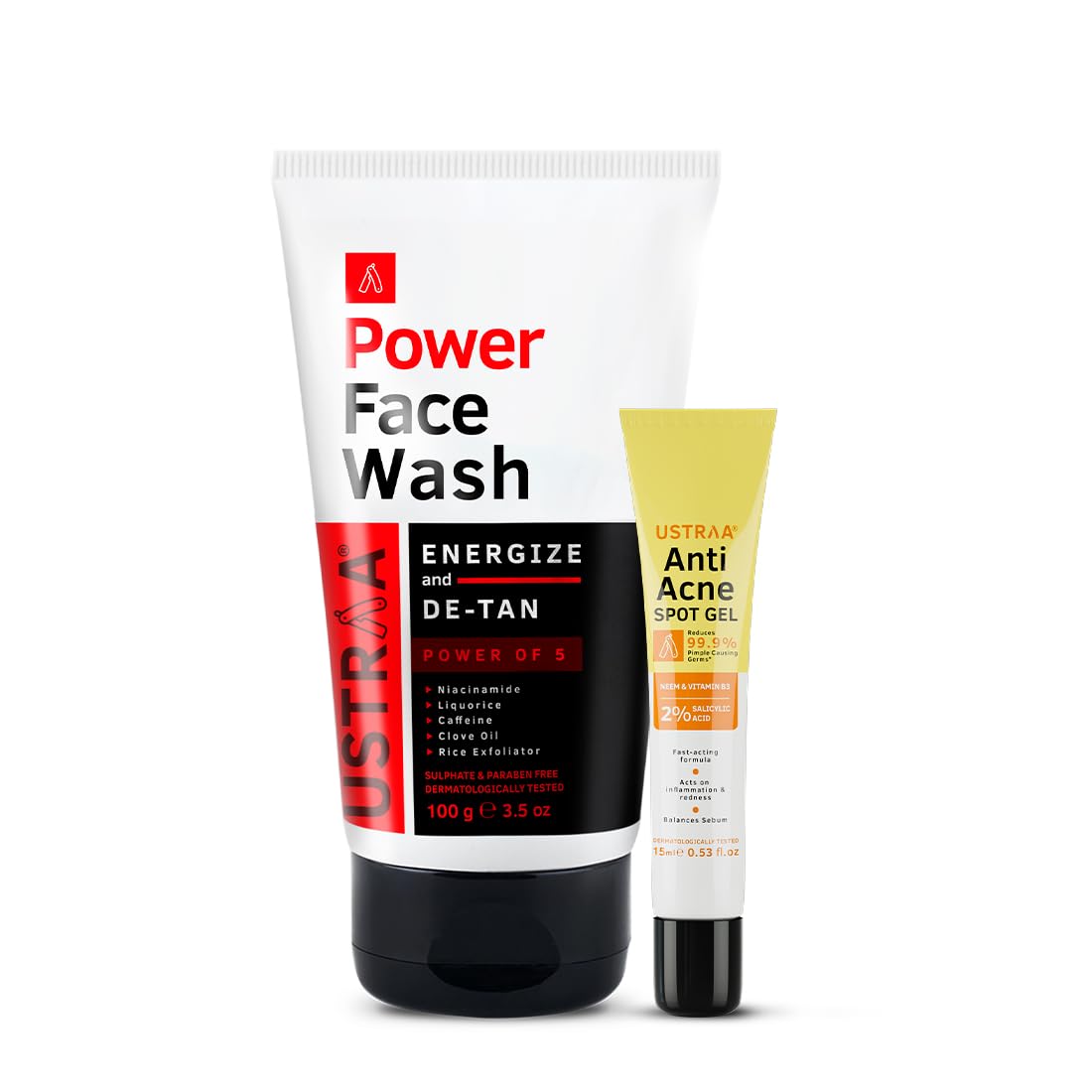 Ustraa Power Face Wash -100g - Energize & De-Tan | Effective Tan Removal | Removes Dead Skin & Anti Acne Spot Gel -15ml | Reduces 99.9% Pimple-Causing Germs | With Neem & 2% Salicylic Acid