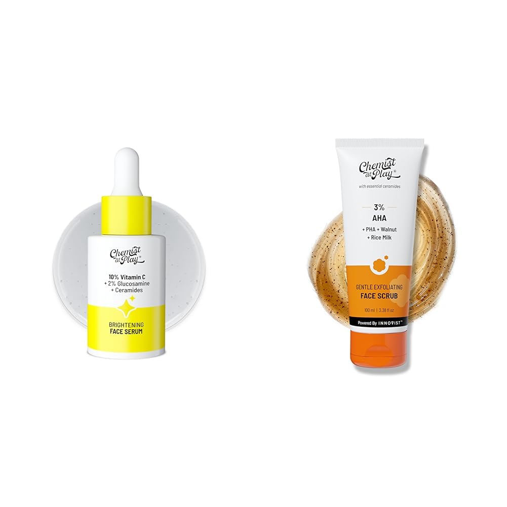 Chemist At Play 10% Vitamin C Face SerumFor All Skin Types 30ml + Gentle Exfoliating Face Scrub with Mandelic Acid & Walnuts for Women & Men | 100ml