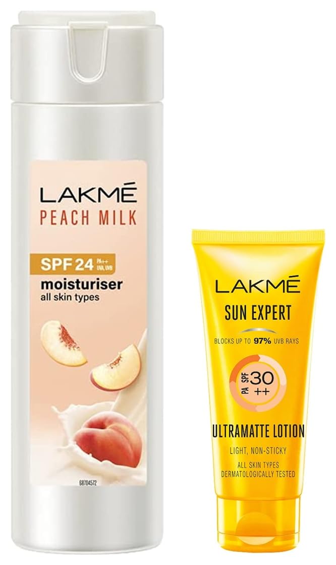 Lakmé Sun Expert SPF 30 PA++ Ultra Matte Lotion Sunscreen for All Skin types, 50 ml & Lakmé Peach Milk Face Moisturizer SPF 24 PA++ 120ml