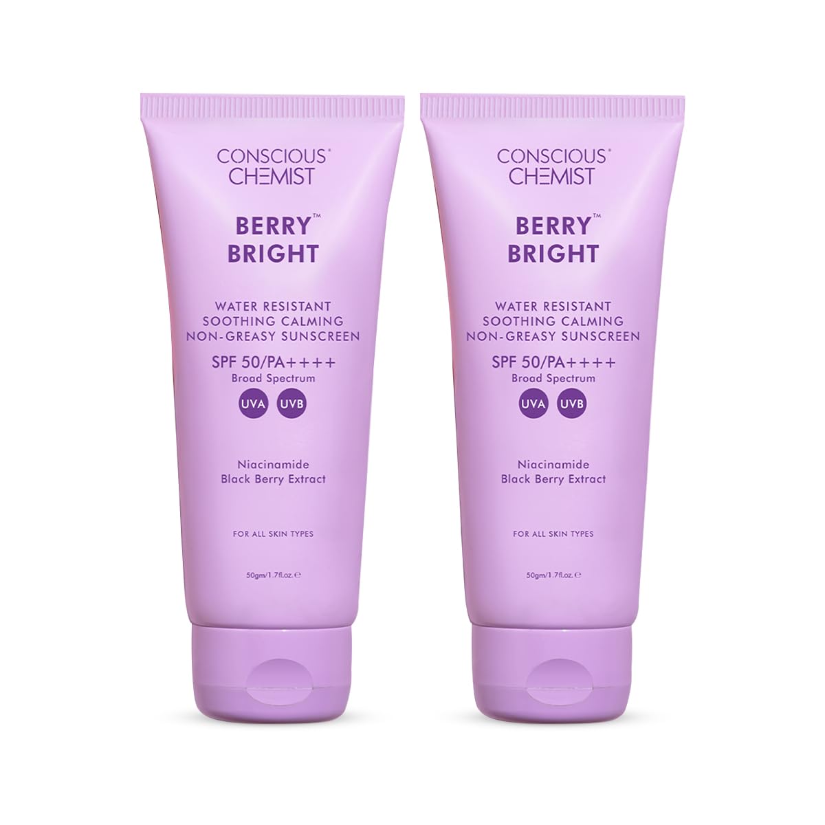 Conscious Chemist® Sunscreen SPF 50 PA++++ | 100g | Sunscreen for Oily Skin, Gel Sunscreen, Niacinamide with Black Berry Extract, Lightweight, Water Resistant, All Skin Types - Berry Bright