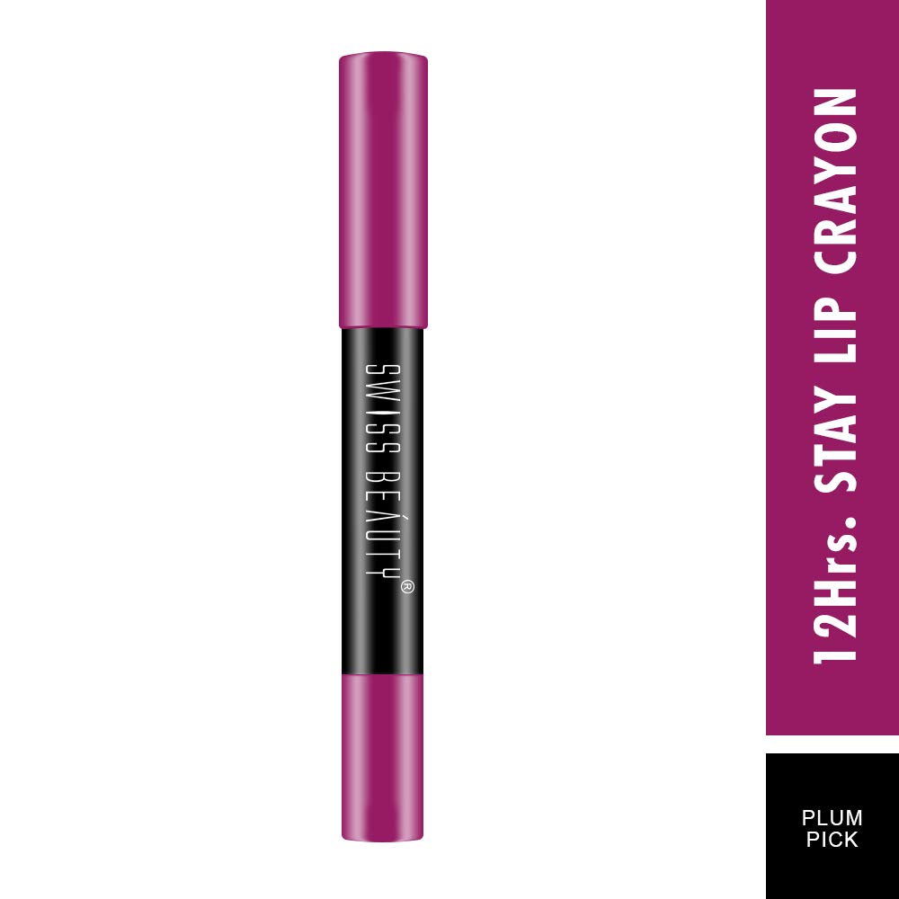 Swiss Beauty 12 Hrs. Stay Matte Lip Crayon, Plum Pink, 3g - Long Lasting, Waterproof, Super Stay, Matte Finish Lip Crayon, Long Wear, Crayon Lipstick