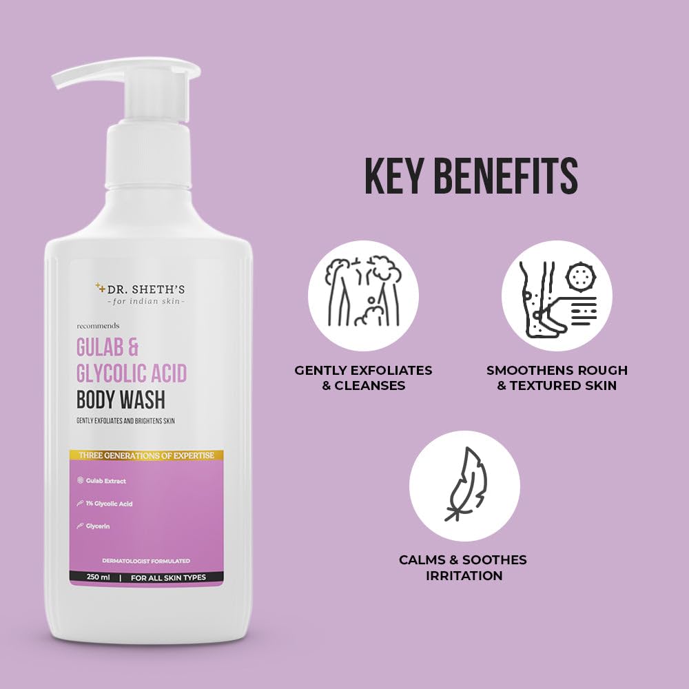 Dr. Sheth's Gulab & Glycolic Acid Exfoliating Body Wash | For Smoother, Even-Toned Skin | With Glycolic Acid & Gulab Extract | For Unisex | 250 Ml