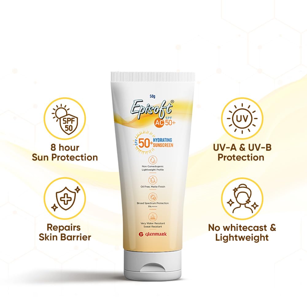 Episoft AC SPF 50 + sunscreen | Maximum Hydration | Protection against both UV-A/UV-B, Water and Sweat Resistance | Lightweight | With anti-aging benefits | For all Skin Types | No white cast | 50 G