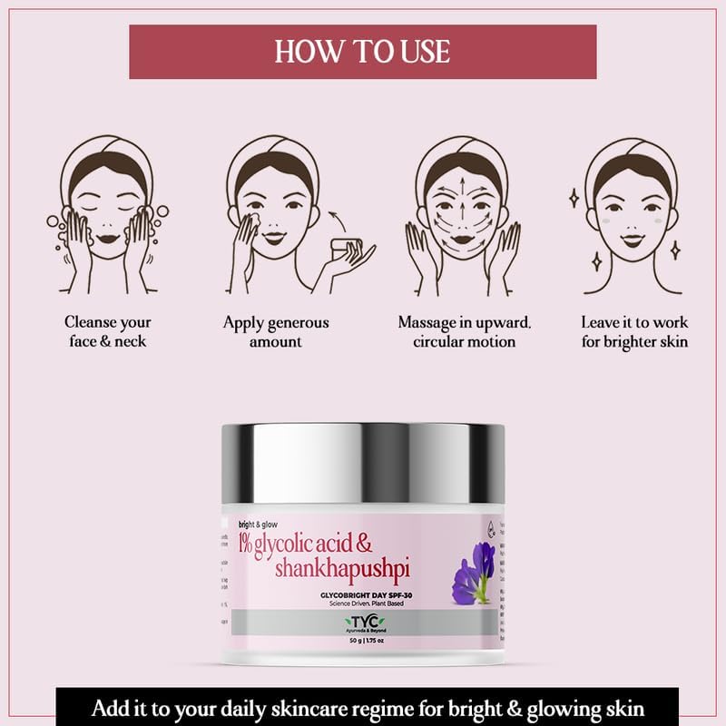 TYC - TRUST YOUR CHOICE Ayurveda Glycobright Day SPF-30 Face Cream For Bright And Glowing Skin With 1% Glycolic And Shankhapushpi, Plant Based - 50 gm (Pack of 1)