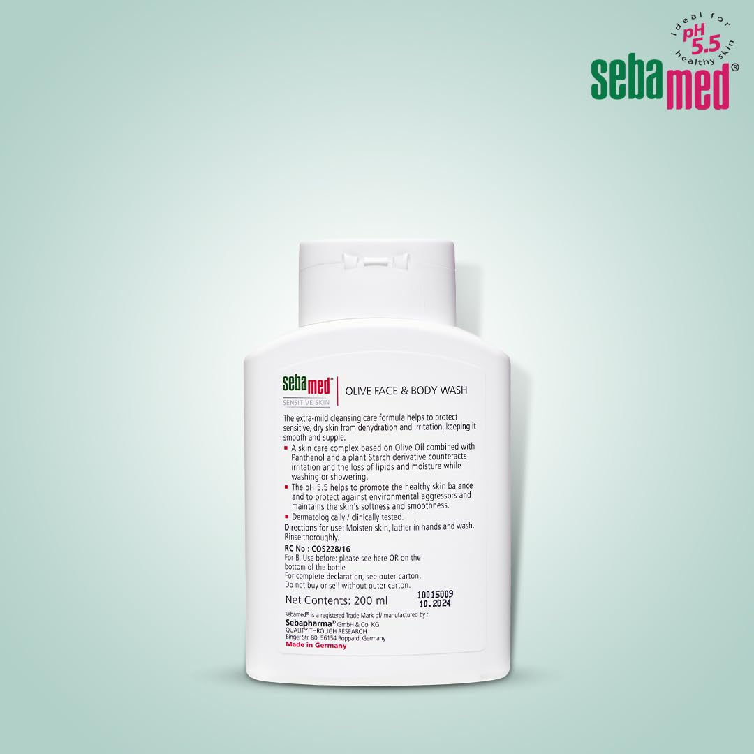 SebaMed Olive Face & Body Wash, Extra Mild For Sensitive, Dry Skin, Ph5.5, Soap Free, Gentle Cleansing, Olive Oil + Panthenol Nourishes Skin, Dermatologically & Clinically Tested, 200 Ml