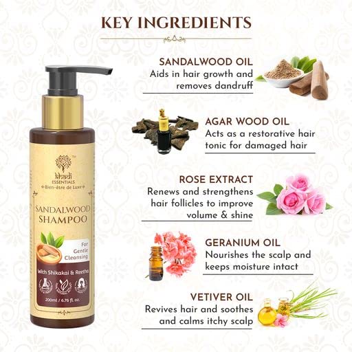 Khadi Essentials Sandalwood Rose Hair Shampoo with Geranium, Vetiver, Bhringraj Oil, For Hair Strengthening, Growth, 200ml SLS Paraben Free Cleanser, Multicolor