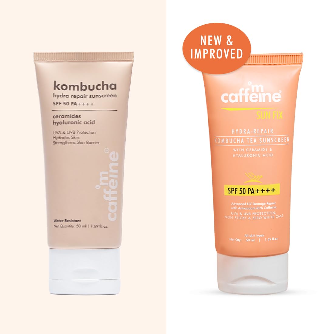 mCaffeine Kombucha Hydra Repair Sunscreen SPF50 PA++++ | UVA & UVB Protection, No White Cast | Hyaluronic Acid, Ceramides Sunscreen for Hydration & Barrier Repair | All Skin Types - 50ml