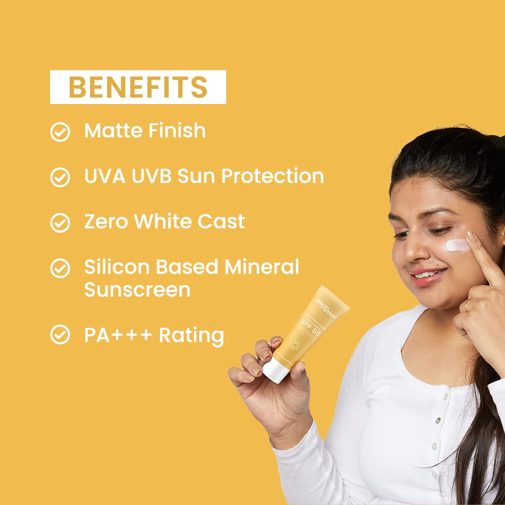 Earth Rhythm Matte Mineral Sunscreen SPF 50 with 9% Zinc Oxide for Daily Use | PA+++, Zero White Cast & Non-Sticky, Matte Finish | Men & Women | - 50ml