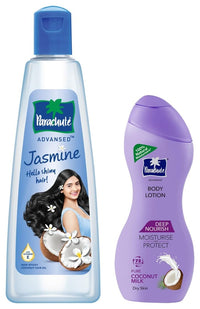 Parachute Advansed Jasmine Coconut Hair Oil with Vitamin E for Healthy Shiny Hair, Non-sticky, 500ml & Parachute Advansed Deep Nourish Body Lotion for Women & Men, Dry Skin, 250ml