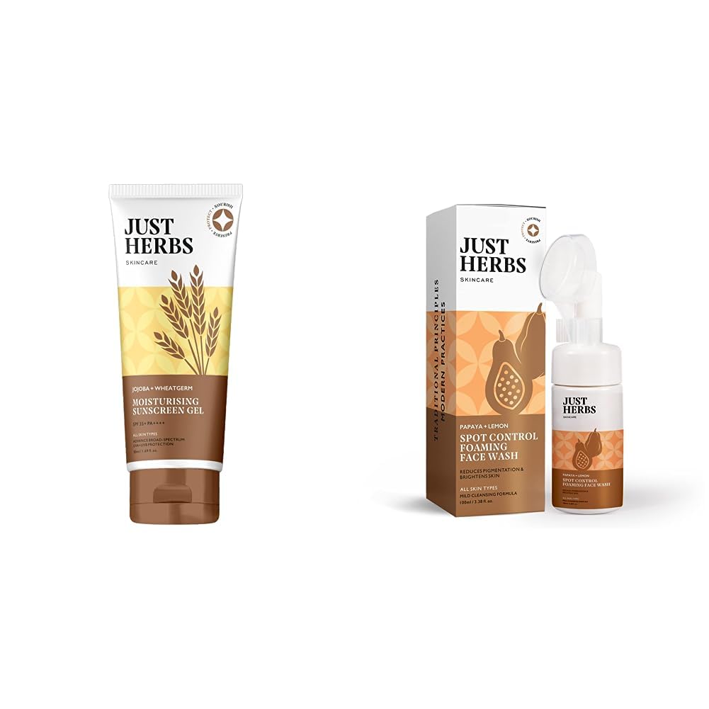 Just Herbs Spf 35+ Nosun Sunscreen Gel, Lightweight, Broad Spectrum Pa 35++++- 50Ml & Brightening Foaming Face Wash For Dry Skin - 100Ml Combo, Pack Of 1