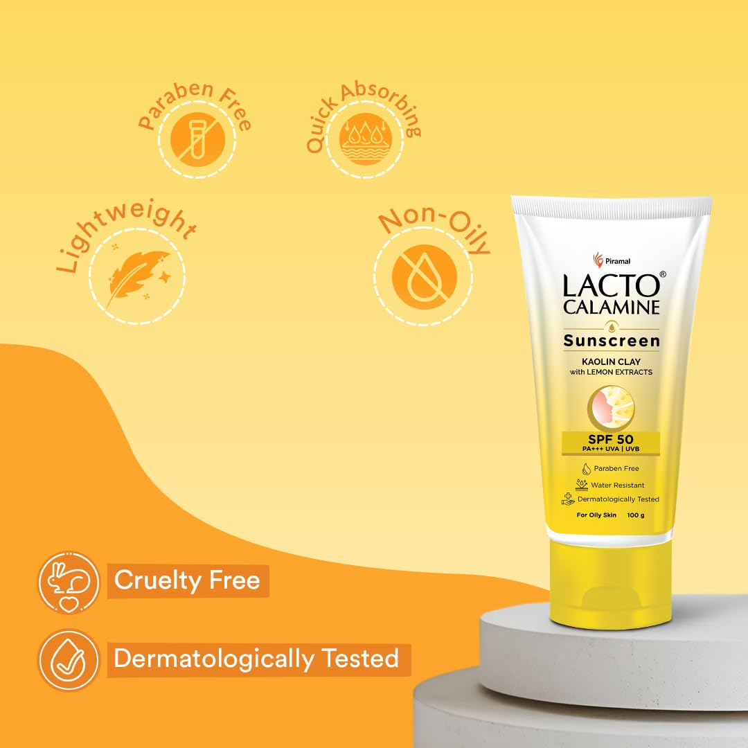Lacto Calamine Sunscreen SPF 50 | 100g | PA +++ Sunscreen For Oily Skin | UVA – UVB Sunscreen | Water Resistant & No White Cast | With Kaolin Clay, Vitamin E & Lemon Extracts | Paraben Free (100 g)