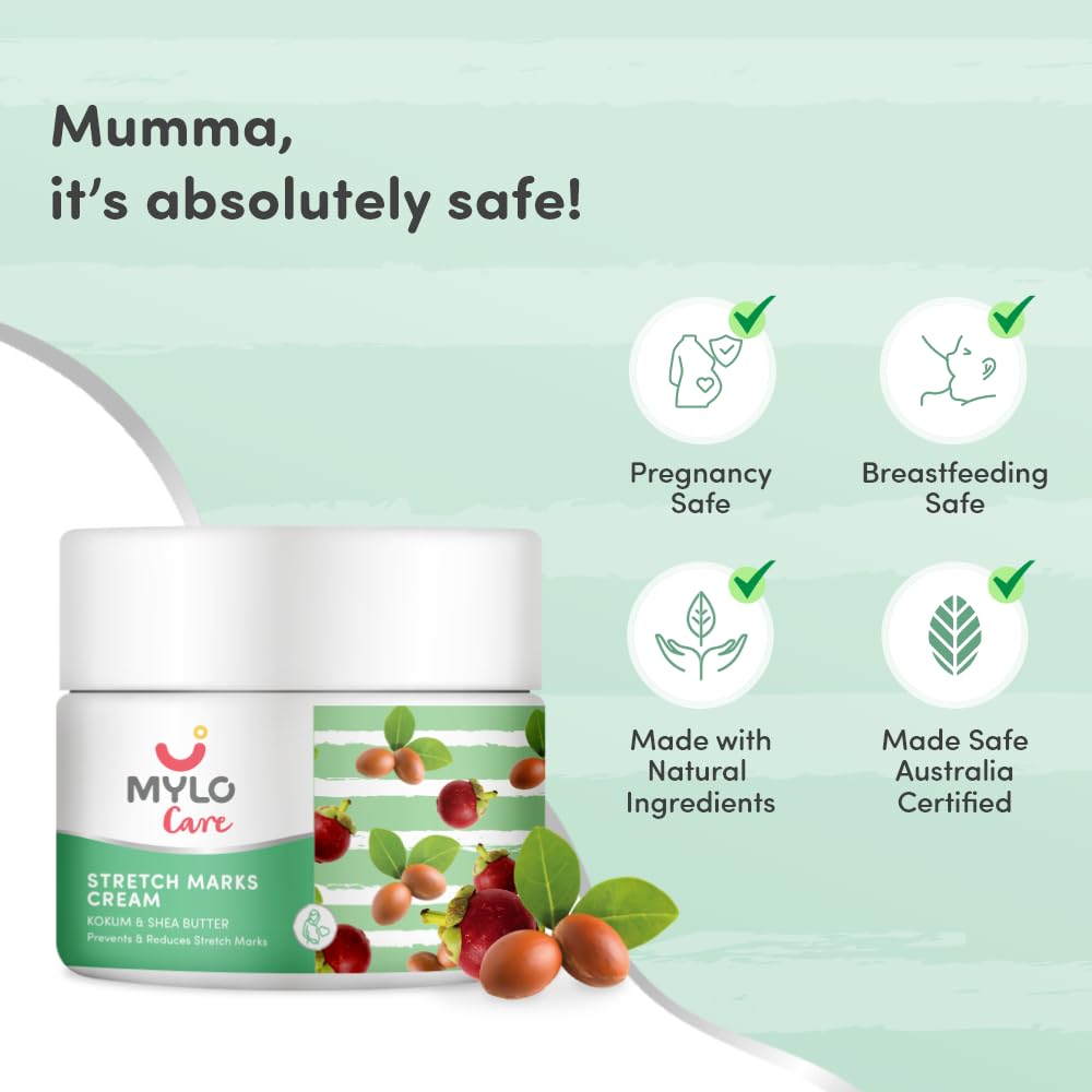 Mylo Care Stretch Marks Cream for Pregnancy with the Goodness of Shea Butter, Saffron, Kokum Butter and Aloe Vera, Australia Certified Toxin Free, No Mineral Oils - 100ml + 100ml (Pack of 2)