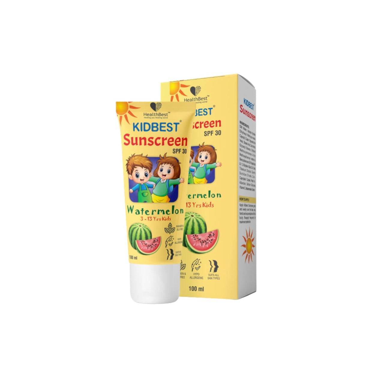 HealthBest Kids Multivitamin Sunscreen Face Wash Combo - SPF 30, 100ml, Watermelon Extracts - Gentle, Organic, Tear-Free, Paraben-Free for Sensitive Skin, Daily Care for All Types