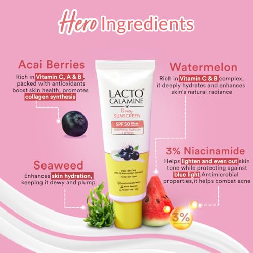 Lacto Calamine Dewy Sunscreen SPF 50 PA+++ | 50g | Water Resistant, No White Cast, UVA & UVB Protection | Sunscreen SPF50 + Primer | Acai Berries, Niacinamide & Watermelon | Dermatologically Tested
