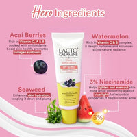 Lacto Calamine Dewy Sunscreen SPF 50 PA+++ | 50g | Water Resistant, No White Cast, UVA & UVB Protection | Sunscreen SPF50 + Primer | Acai Berries, Niacinamide & Watermelon | Dermatologically Tested