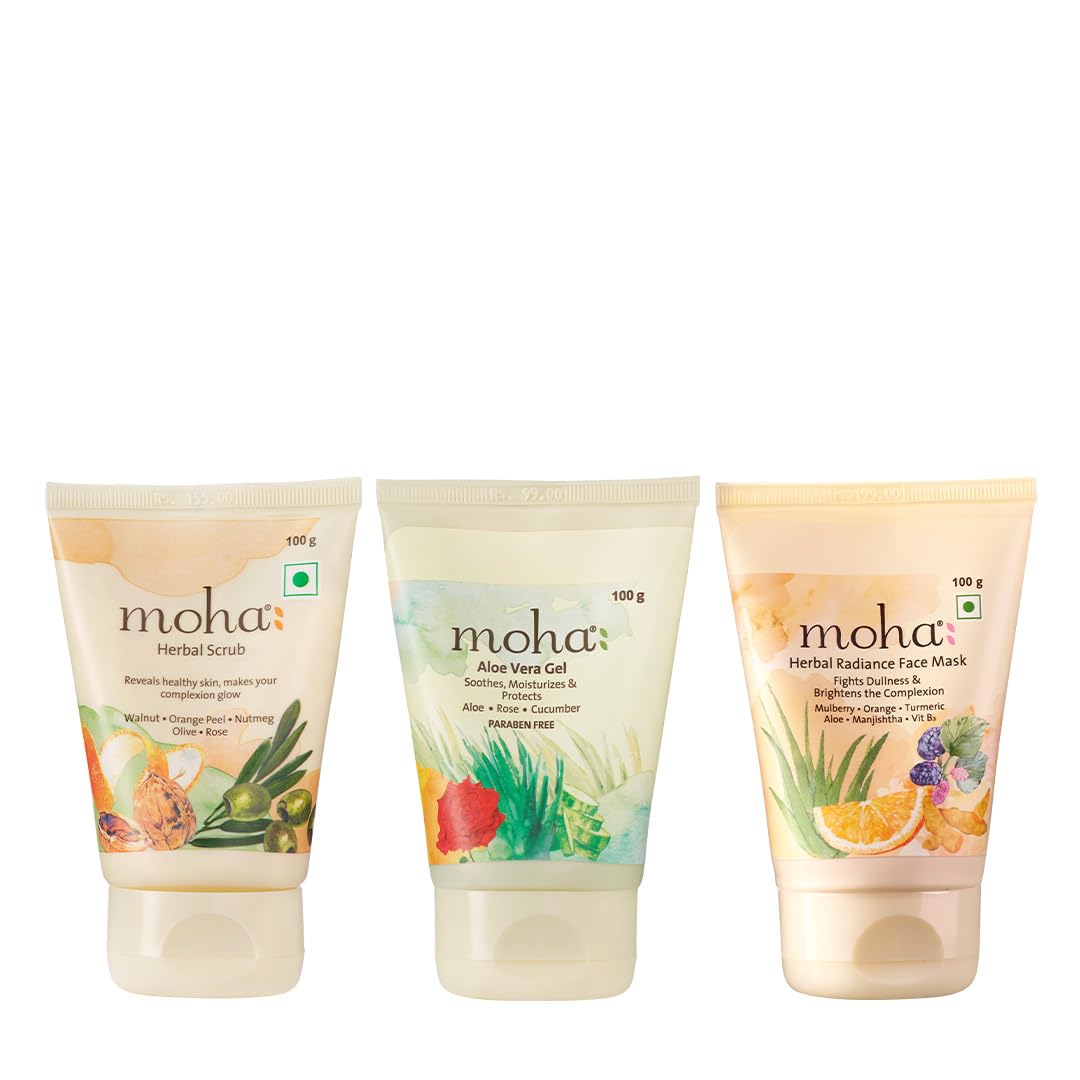 MOHA Self Care Kit - Herbal Scrub | Herbal Radiance Face Mask | Aloe Vera Gel, Glowing Skin For Men & Women | With Natural Ingredients And Suitable for all Skin Type (Pack Of 3)