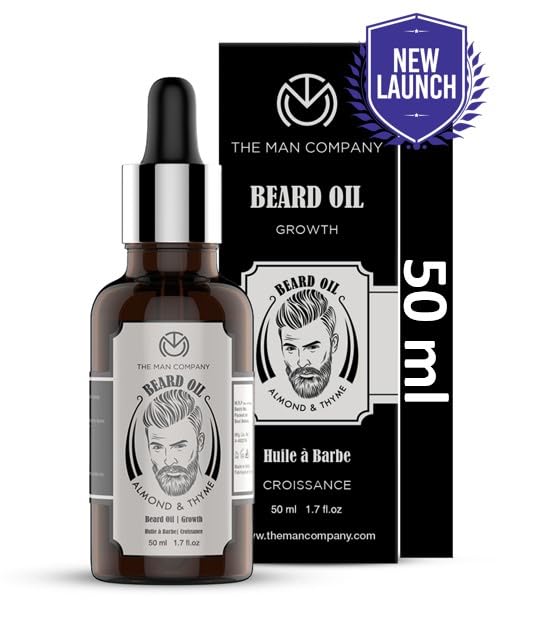 The Man Company 100% Natural Beard Oil - 50 ml with Almond & Thyme for Faster, Thicker & Longer Beard | Best Beard Growth Oil for Men, Nourishes & Strengthens Uneven Patchy Beard