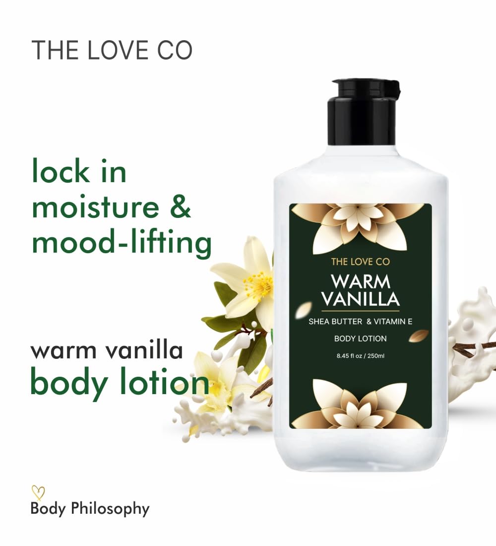 THE LOVE CO. Warm Vanilla Body Lotion - Nourishing Moisturizer Cream for Dry Skin - Suitable for Men and Women with Jojoba Oil, Shea Butter & Vitamin E - 250ml