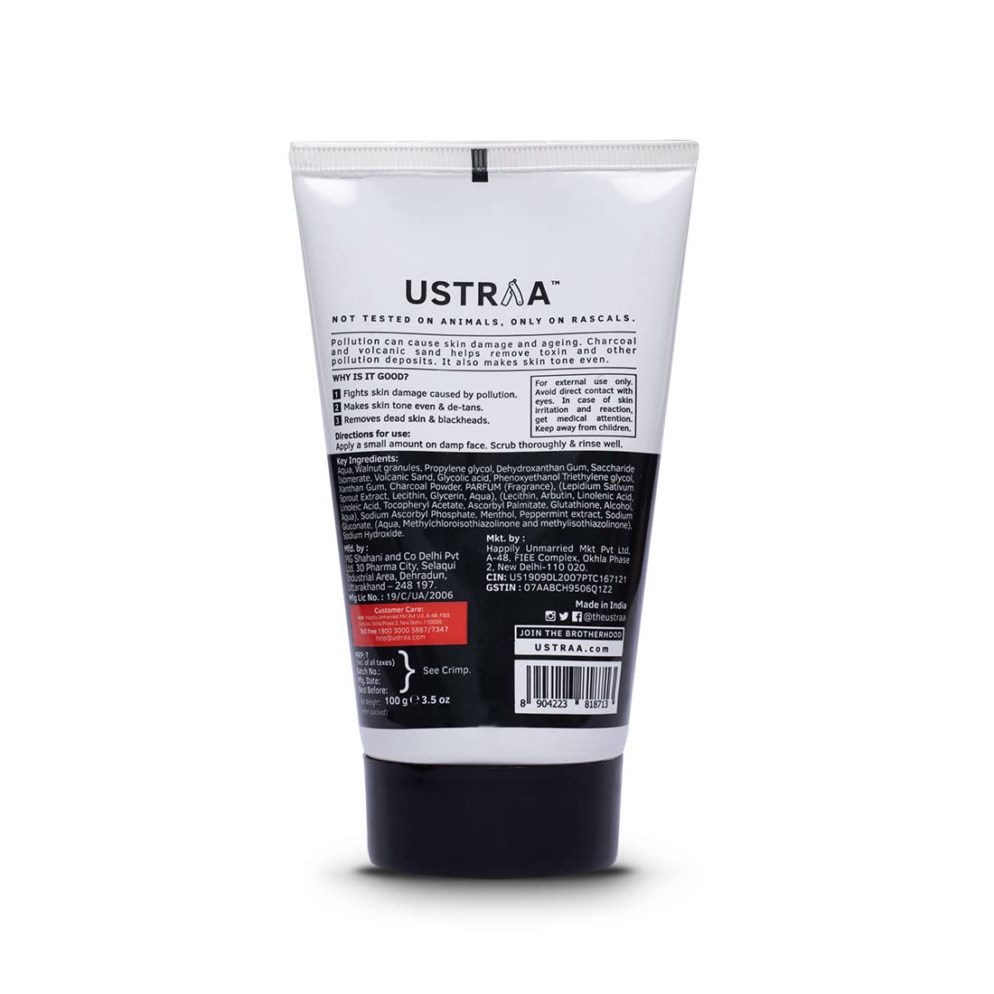 Ustraa Face Scrub for Men - 100g - with Activated charcoal, Tahitian Volcanic Sand & Walnut Granules - Great for Exfoliating skin & facial detox, Fights blackheads - For All Skin type