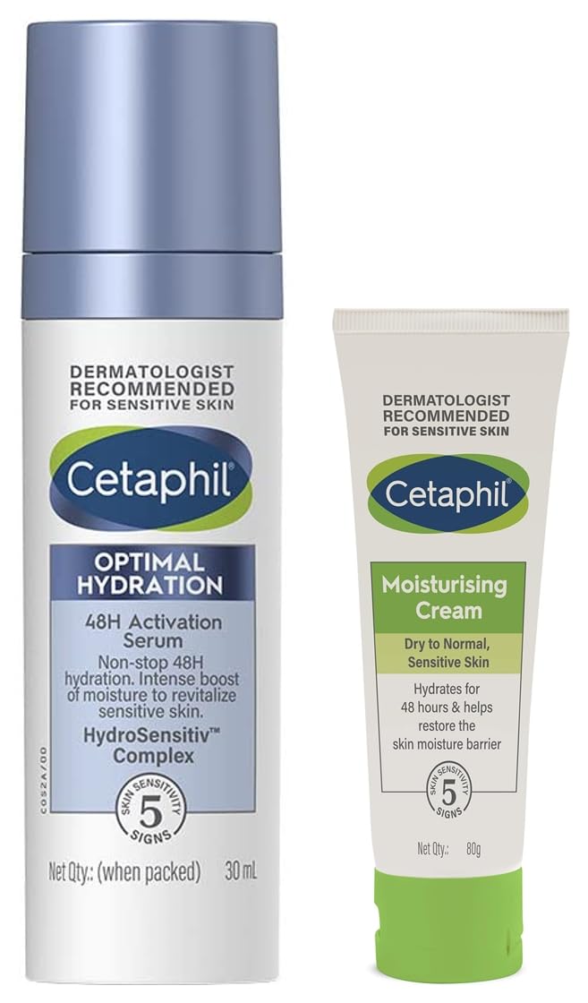 Cetaphil Moisturising Cream for Face & Body Dry to Normal skin 80 gm Optimal Hydration Lightweight Serum 30 ml Fast absorbing Hyaluronic Acid Blue Daisy extract Vitamin B5 for Sensitive Skin