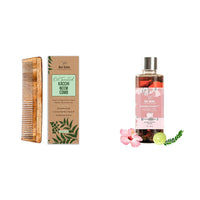 Nat Habit Dual Tooth Wooden Kacchi Neem Comb & Hibiscus Dasabuti Hair Oil For Dry And Frizzy Hair, With Castor, Coconut & Amla (Combo Pack Of 2)