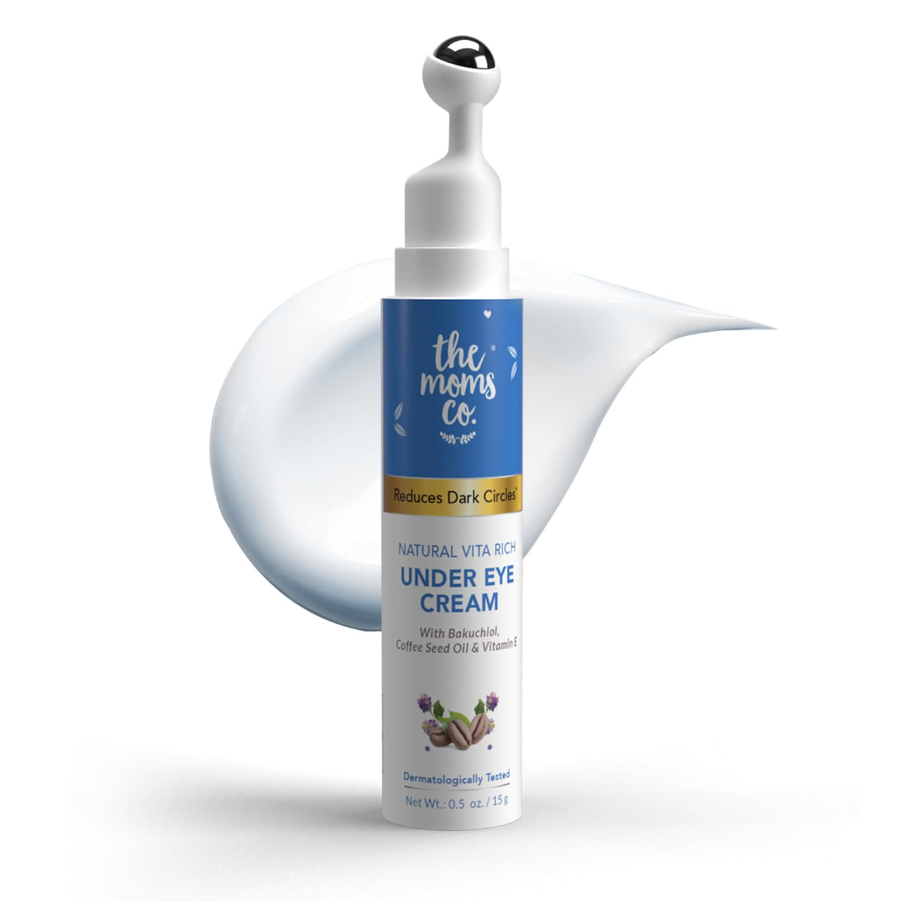 The Moms Co. Natural Vita Rich Under Eye Cream for Dark Circles for Women & Men enriched with Chia Seed Oil, Coffee Oil, Vitamines E & B3 with Cooling Massage Roller to Reduce Dark Circles, Puffiness and Fine Lines (15g/0.5 oz)