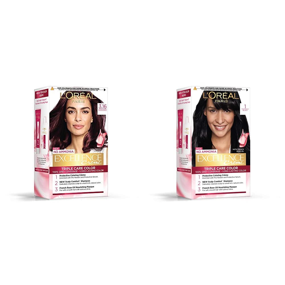 L Oréal Paris Excellence Creme Hair Color, 3.16 Burgundy, 72ml+100g & Excellence Creme Hair Color, 1 Black, 72ml+100g