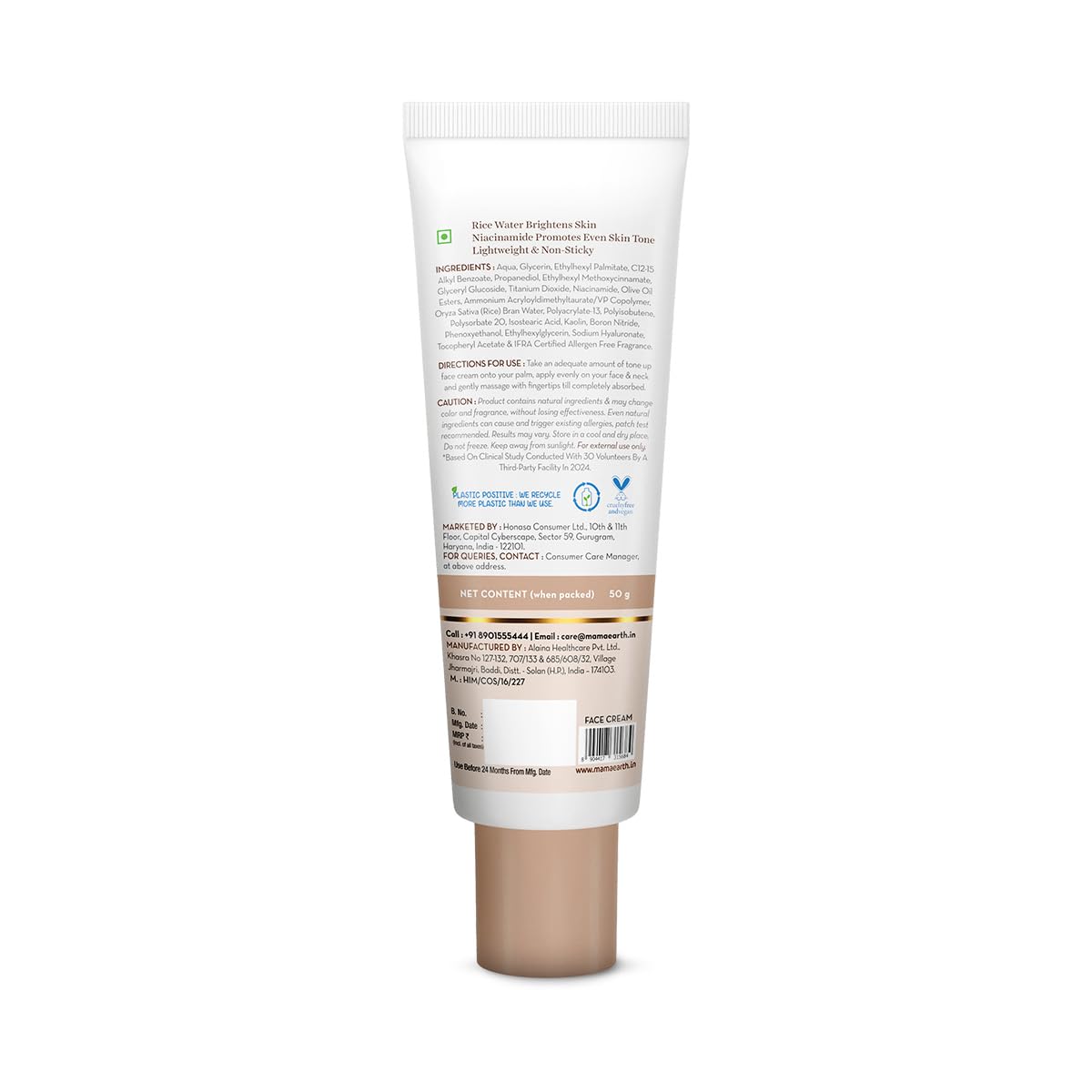 Mamaearth Rice Water Tone Up Face Cream with Rice Water & Niacinamide for Glass Skin 50g | Instantly Brightens | Even Skin Tone | Adds Glow | All Skin Types | Korean Rice Tone Up