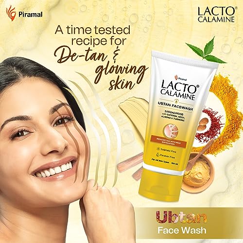 Lacto Calamine Ubtan Face Wash for Glowing Skin | Natural Face Wash with Sandalwood, Saffron, Neem, Almond & Turmeric | Exfoliating Facewash reduces Tan | Sulphate, Paraben Free | 100 ml Pack of 1